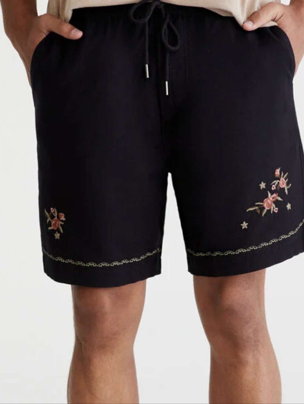 Aéropostale Black Men's Drawstring Shorts with‎ Floral Embroidery #362